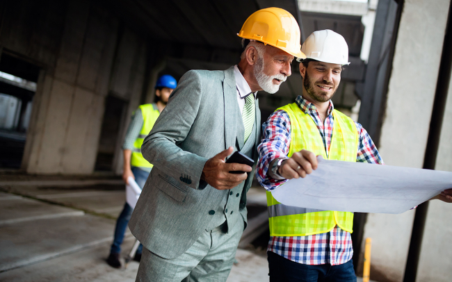 investor in gray suit and yellow hard hat looks over plans with job foreman wearing yellow safety vest and white hard hat